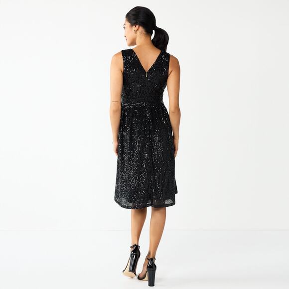 Draper James Black Sequin V Neck Dress Sz 8 Holiday Party Event New Years A Line - Picture 2 of 11